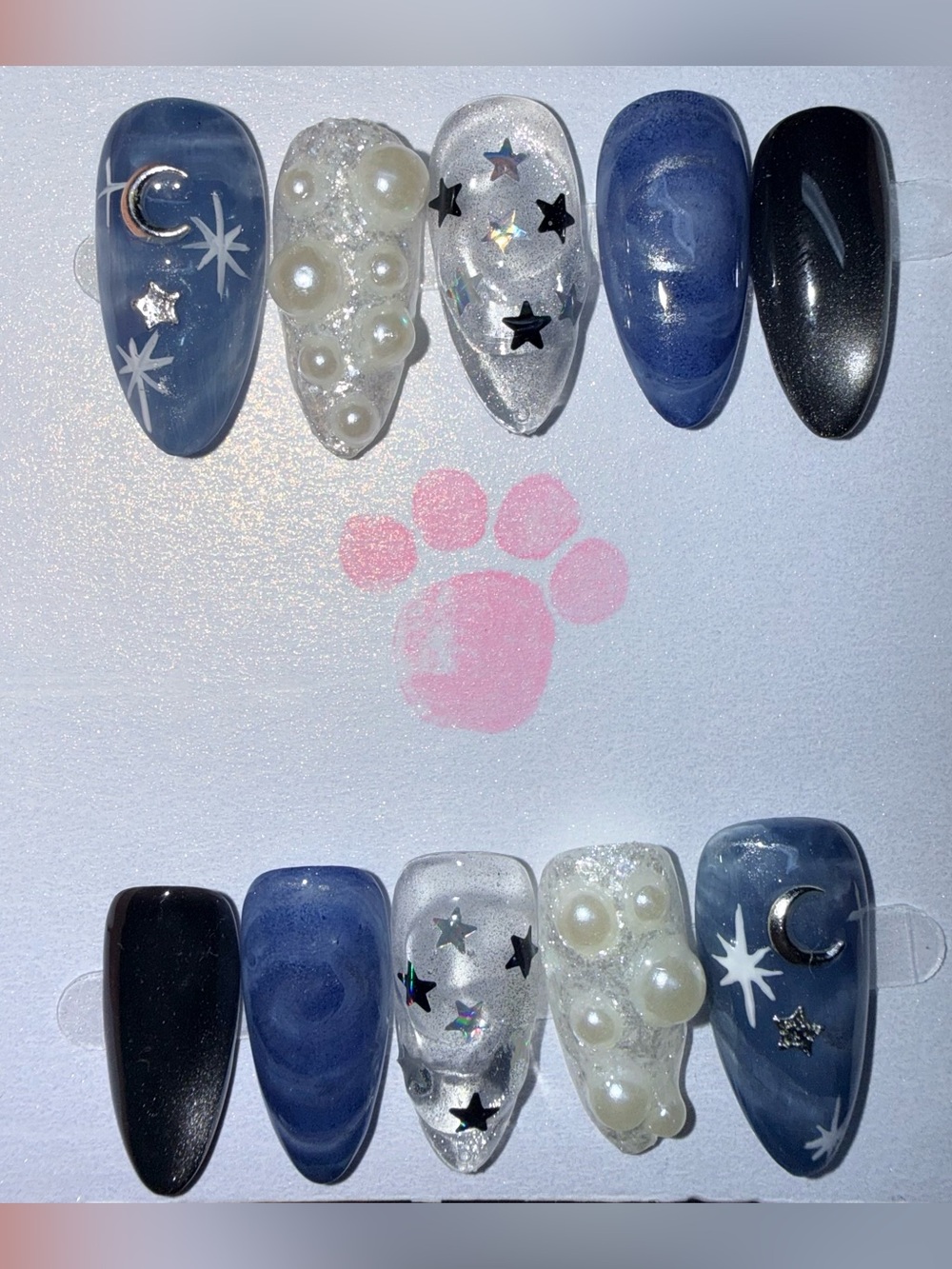 Navy Blue, Pearl & Silver Accents press on nails size small